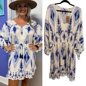 NWT- Romantic Gypsy- Women’s Blue & White Plus Size Conch Waist Dress, Size 2X